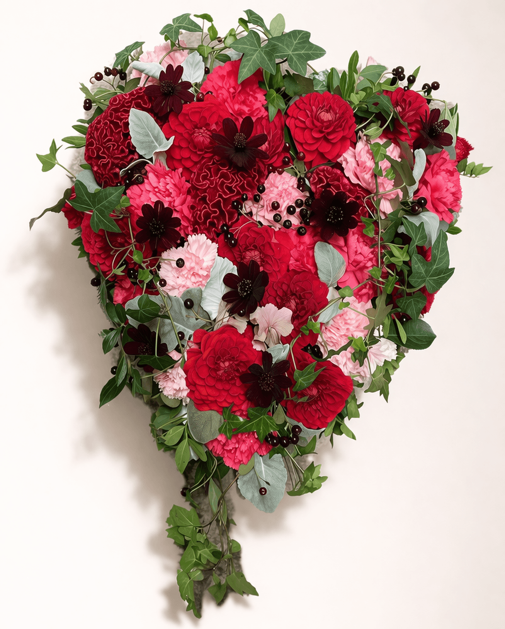 Hjärta med djupröda dahlior och rosor